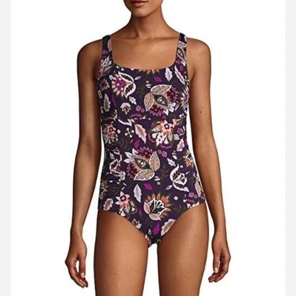 Lands’ End Purple Floral Ruched Squareneck One Piece Swimsuit Size 16L - Picture 1 of 14